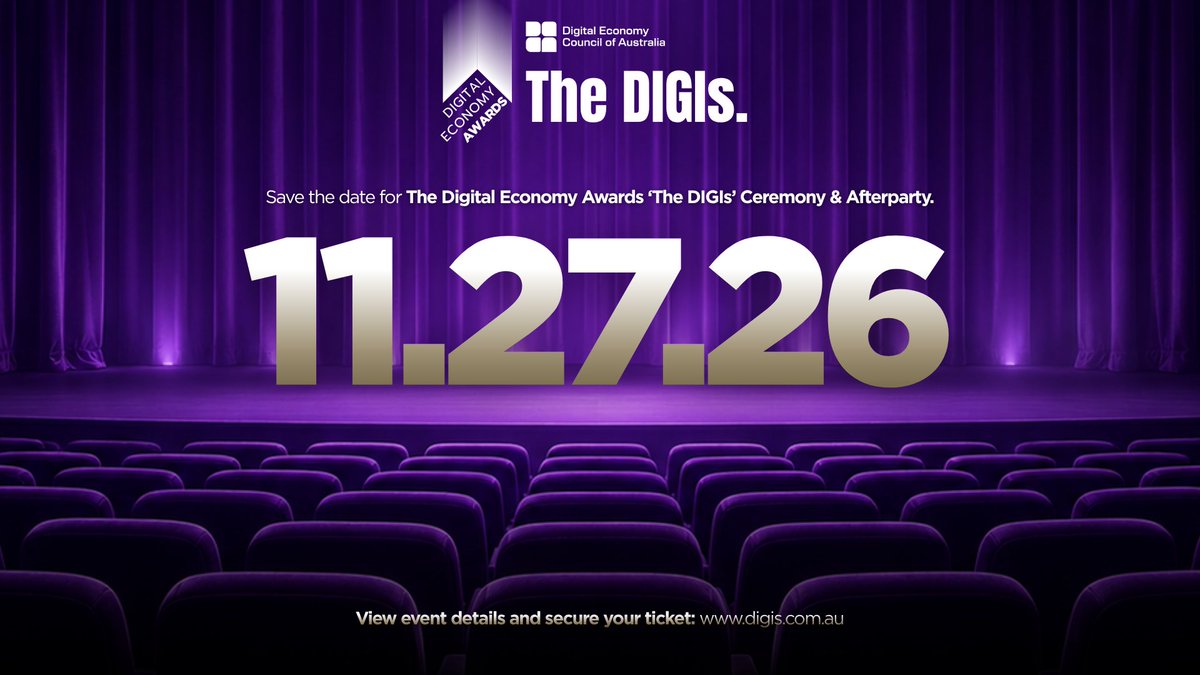DECAustralia's tweet photo. Save the date for The DIGIs Ceremony &amp; Afterparty.

Join Australia’s digital economy sector for an evening of recognition, connection and celebration.

Tickets are now on sale.
https://t.co/9pdy60tqIG
#digis2026 https://t.co/X7Is6uuuZA