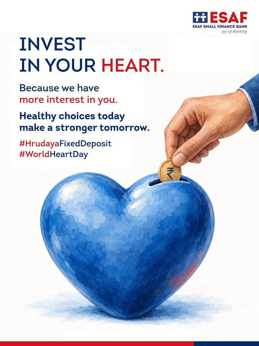 ESAFBank's tweet photo. A healthy heart is one of life’s greatest investments. ❤️

This #WorldHeartDay, make healthier choices today for a stronger tomorrow.

#ESAFBank #WorldHeartDay #HrudayaFixedDeposit https://t.co/vzIkUUD25L
