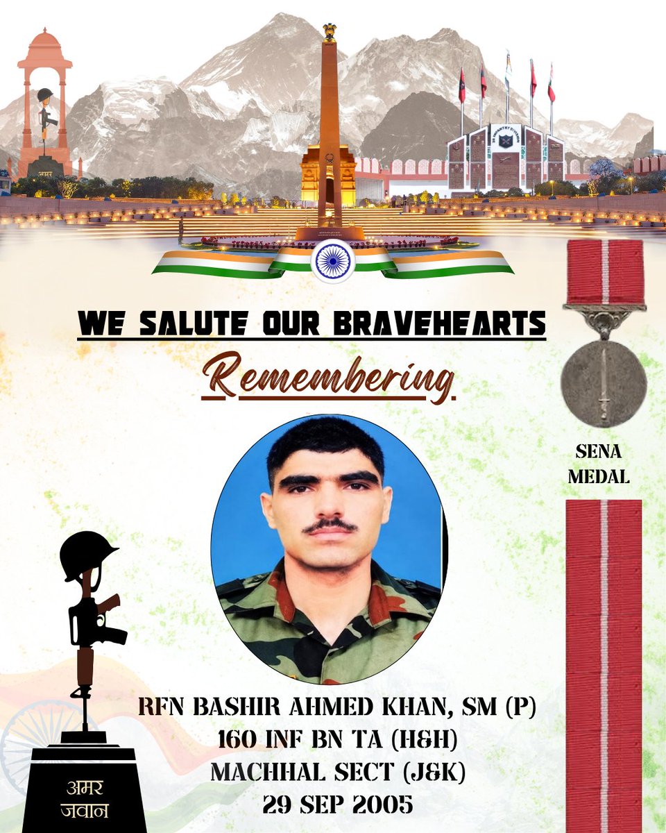 kupwarasentinel's tweet photo. At Patahirri Garrison, Kupwara Terriers honoured Rfn Bashir Ahmad Khan, SM (P), who made the supreme sacrifice in Machil on 29 Sep 2005. Wreaths were laid in his memory, and the unit reaffirmed its support for his family.
#KupwaraTerriers 
#IndianArmy 
#RememberTheFallen https://t.co/cHcvSMCRL7