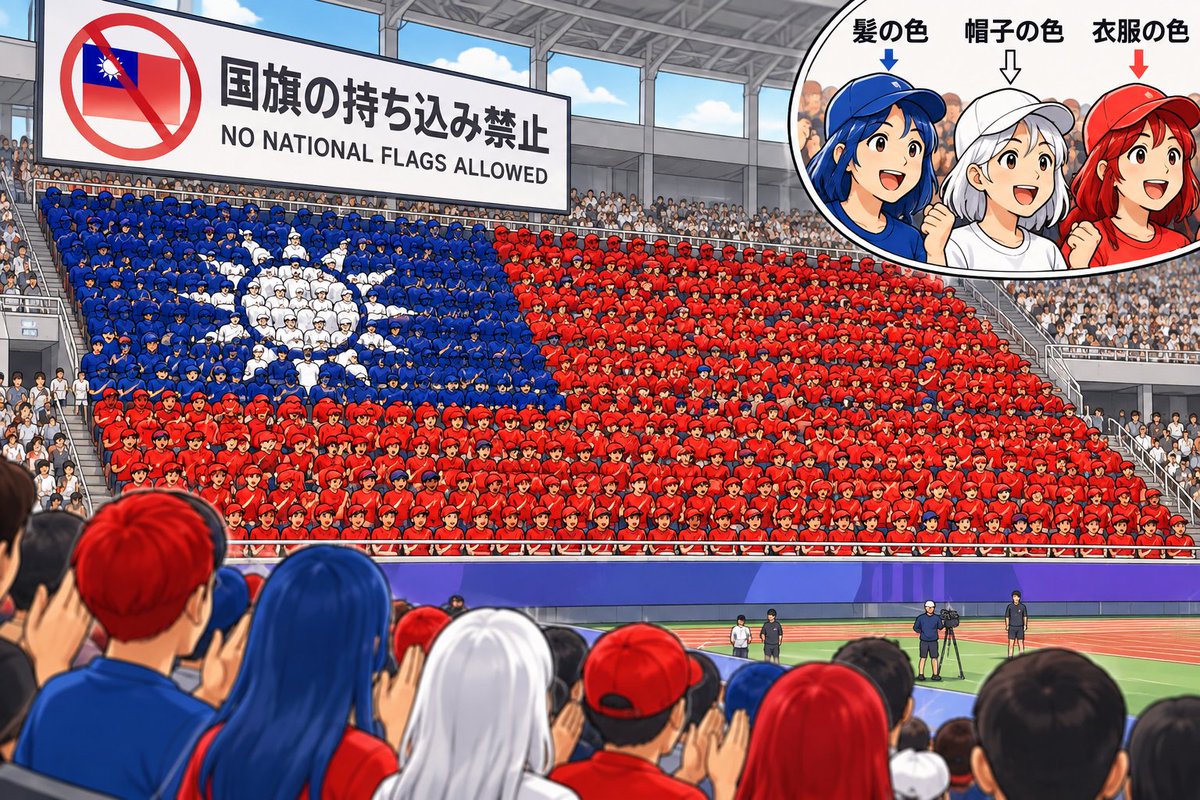 DebuDebuPilot's tweet photo. これなら国旗の持ち込みしてないから、ルール違反じゃないよな🐷
青と白と赤の帽子を被った人が偶然、この席順で座ってただけ。 https://t.co/5049d3b3Ny