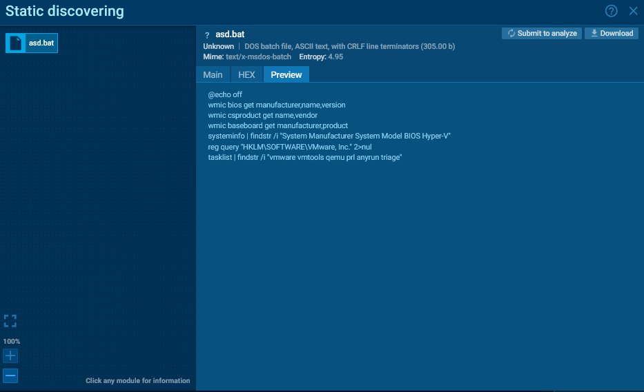 MalasadaTech's tweet photo. Possible threat actor developing anti-AnyRun capability? They run a BAT script checking system info and for processes that contain "vmware vmtools qemu prl anyrun triage" among other things. WASHOOOOODOING?

https://t.co/PLwqIHbgjy https://t.co/fxCKZFOw4H