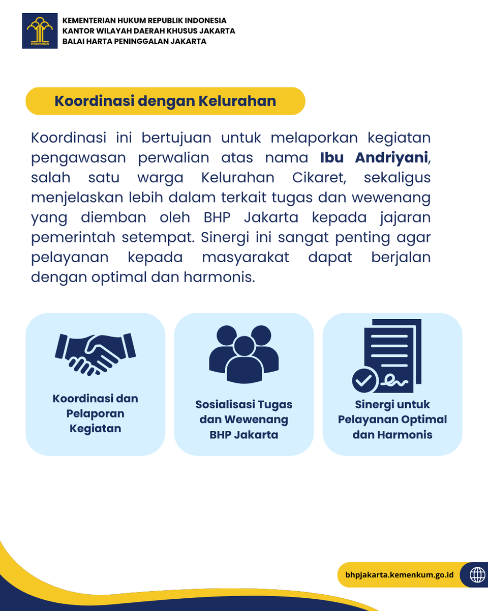 JakartaBhp's tweet photo. Hallo #SobatBHP

Selasa (22/09), BHP Jakarta melaksanakan pengawasan perwalian anak di bawah umur di wilayah Bogor Selatan. Kegiatan diawali dengan koordinasi bersama Kelurahan Cikaret, sekaligus memperkuat sinergi dalam pelayanan dan perlindungan hukum bagi masyarakat. 🤝

Tim kemudian mengunjungi kediaman wali untuk melaksanakan pengawasan serta menyerahkan Surat Pengawasan Perwalian kepada wali.

Melalui kegiatan ini, BHP Jakarta terus berkomitmen memastikan hak dan kepentingan keperdataan anak tetap terlindungi. 💙

✨ Karena melindungi hak anak adalah tanggung jawab kita bersama.

Mari ikut berkolaborasi untuk menciptakan lingkungan yang lebih peduli terhadap perlindungan hak anak!

#BHPJakarta #KemenkumRI #KanwilKemenkumDKJakarta #Perwalian