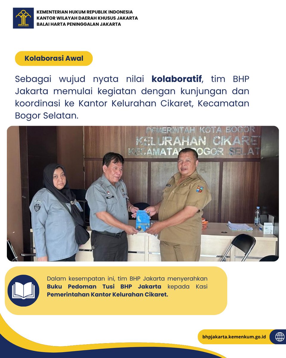 JakartaBhp's tweet photo. Hallo #SobatBHP

Selasa (22/09), BHP Jakarta melaksanakan pengawasan perwalian anak di bawah umur di wilayah Bogor Selatan. Kegiatan diawali dengan koordinasi bersama Kelurahan Cikaret, sekaligus memperkuat sinergi dalam pelayanan dan perlindungan hukum bagi masyarakat. 🤝

Tim kemudian mengunjungi kediaman wali untuk melaksanakan pengawasan serta menyerahkan Surat Pengawasan Perwalian kepada wali.

Melalui kegiatan ini, BHP Jakarta terus berkomitmen memastikan hak dan kepentingan keperdataan anak tetap terlindungi. 💙

✨ Karena melindungi hak anak adalah tanggung jawab kita bersama.

Mari ikut berkolaborasi untuk menciptakan lingkungan yang lebih peduli terhadap perlindungan hak anak!

#BHPJakarta #KemenkumRI #KanwilKemenkumDKJakarta #Perwalian