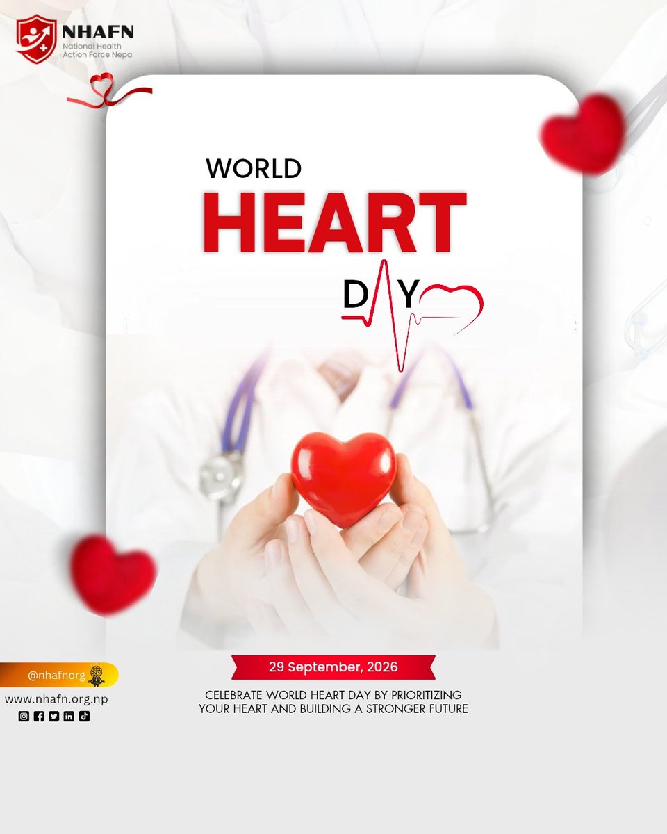 nhafnteam's tweet photo. Every beat counts. This World Heart Day, take a moment to check your blood pressure, move more, eat well, and protect the heart that carries you through life.
Healthy hearts build a healthier Nepal.
#WorldHeartDay #NHAFN #HeartHealthNepal #UseHeartForEveryHeart https://t.co/NKdL9PXpQb