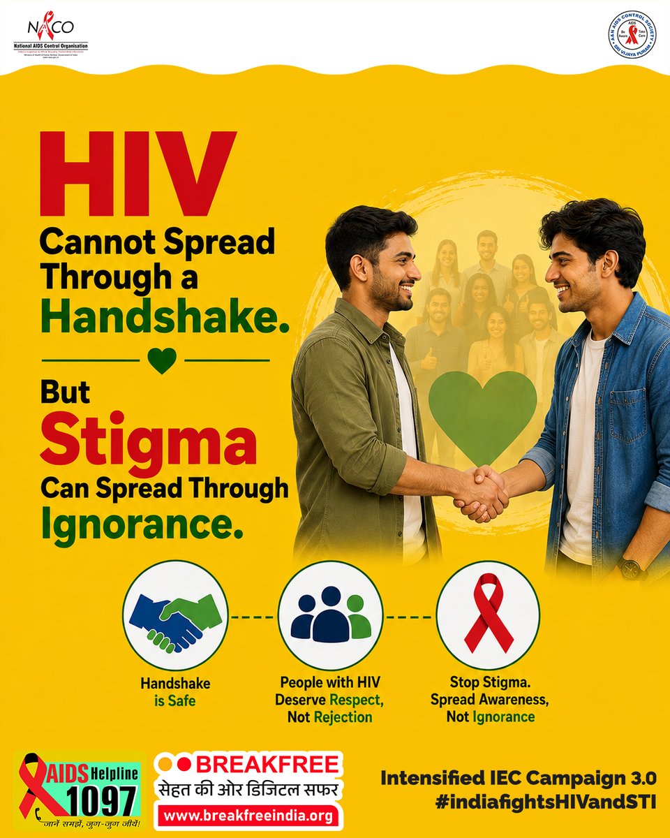 andamansacs's tweet photo. 🤝 A handshake is safe. Stigma is not.
Stop stigma. Spread awareness.
📞 AIDS Helpline: 1097
@NACOINDIA @Healthandaman
.
.
.
#IndiaFightsHIVAndSTI #HIVAwareness #StopStigma #AIDSHelpline #BreakFree https://t.co/q9Oxd55mI6