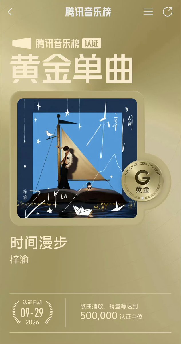 Celyn55070Cel's tweet photo. " Time stroll " gold single, successful earned the Tencent Music Chart Gold Single Certification, 
Congratulations to ziyu 
#ziyu https://t.co/bsUQANmy6L