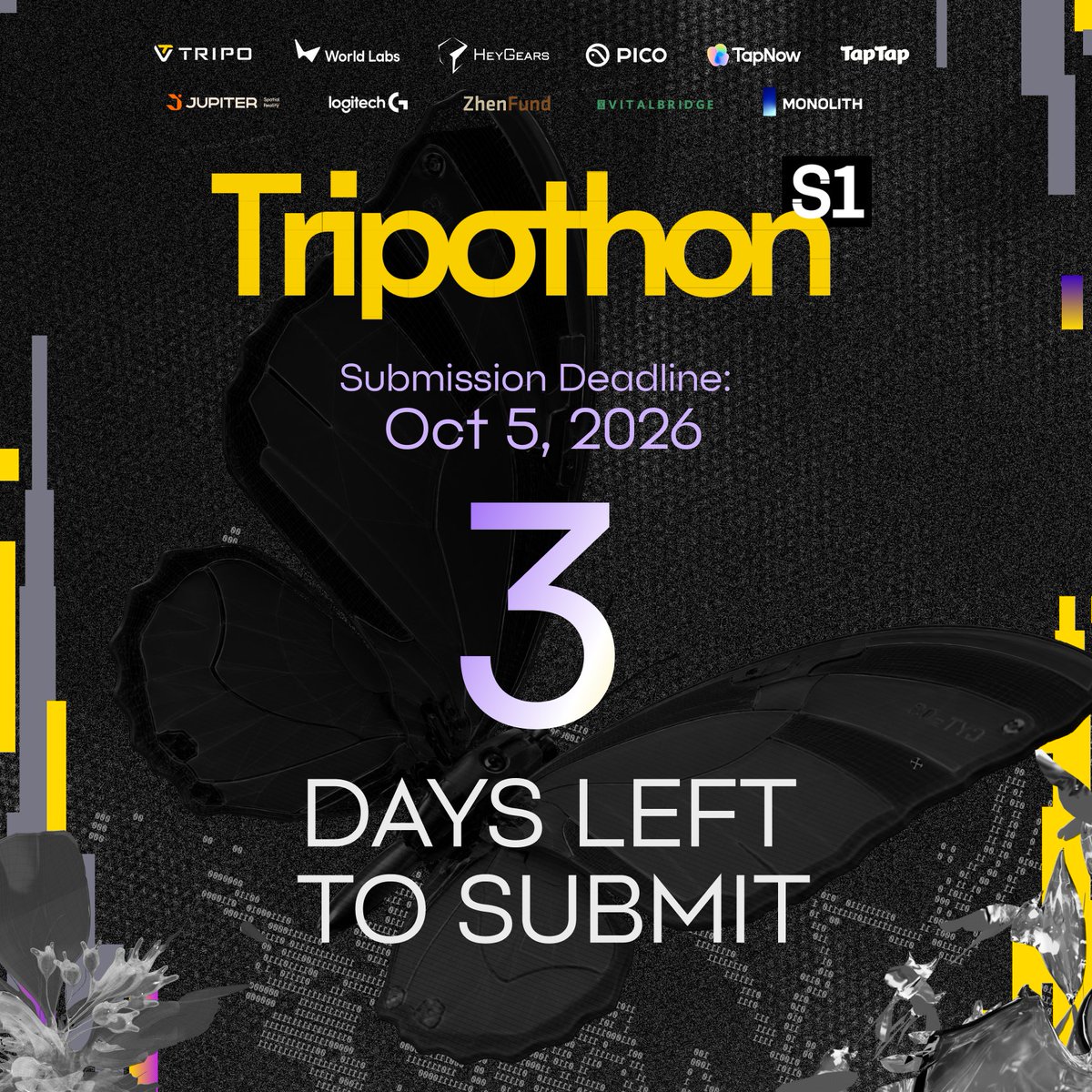 TribooVast's tweet photo. Just 3 days left to get your Tripothon S1 submissions in. ✨

Polish up those projects by Oct 5 for a share of the $80k prize pool. And if you want that Mac mini, don't forget to share your process online!

Submit now: https://t.co/OTUyllamYh https://t.co/6r80Ln1IvM