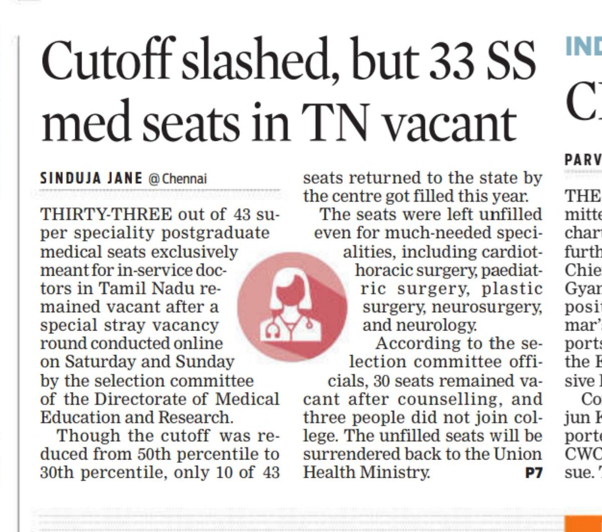 Sinduj11's tweet photo. #33 #super-#speciality (DM/Mch) seats exclusively meant for in-#service #doctors in #TamilNadu remained vacant after a special stray vacancy round. The unfilled seats will be surrendered back to the #DGHS , according to officials. #TNHealth  @xpresstn @NewIndianXpress https://t.co/MhFHpRDL6L