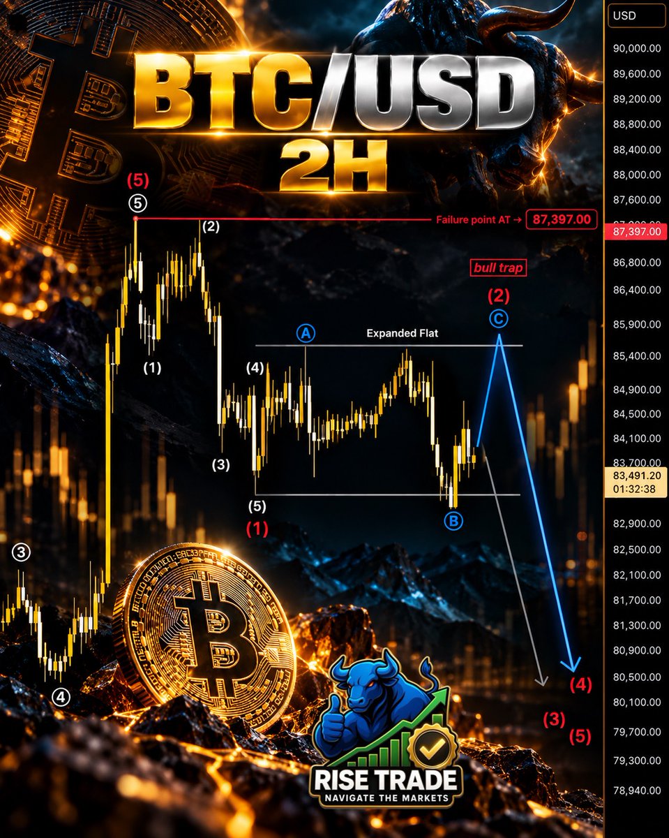 RiseTradePro's tweet photo. 🚨 #BTCUSD 2H

BTC may have one more push higher as Wave 2 develops into a Flat / Expanded Flat — or the decline could resume directly.

📉 Bearish structure remains in play until Wave 1’s origin is reclaimed.

#BTC #BTCUSD #Bitcoin #Crypto #Trading #TechnicalAnalysis #ElliottWave #PriceAction #CryptoTrading