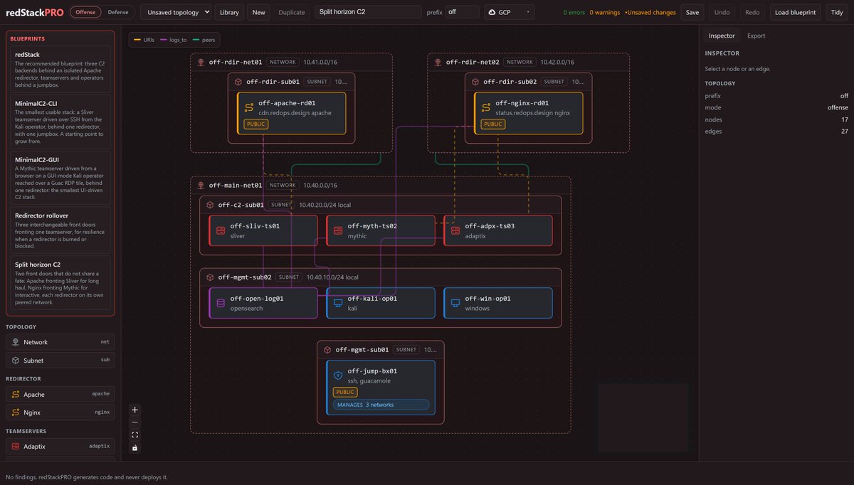 5mukx's tweet photo. A canvas for red team infrastructure and cyber ranges. Compose a topology, export runnable Terraform and Ansible, and deploy it yourself. Your cloud credentials never leave your machine. dev by devZero. 

Github:- https://t.co/iomG8r2HNS https://t.co/MJv3o4m53v