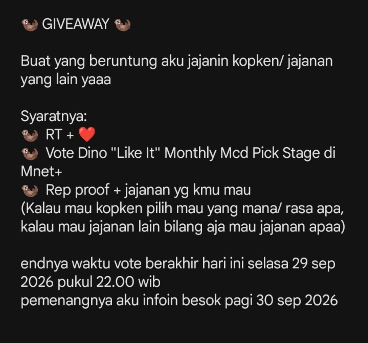 a_dinra's tweet photo. MINI GIVEAWAY 

siapapun boleh ikutan yaa, bebas mau jajan apa yang penting makanan/minuman

untuk 1 orang pemenang yang beruntung, kalau banyak yg ikutan/ Dino menang ntr aku tambahin ✨ https://t.co/302EZ0hcad