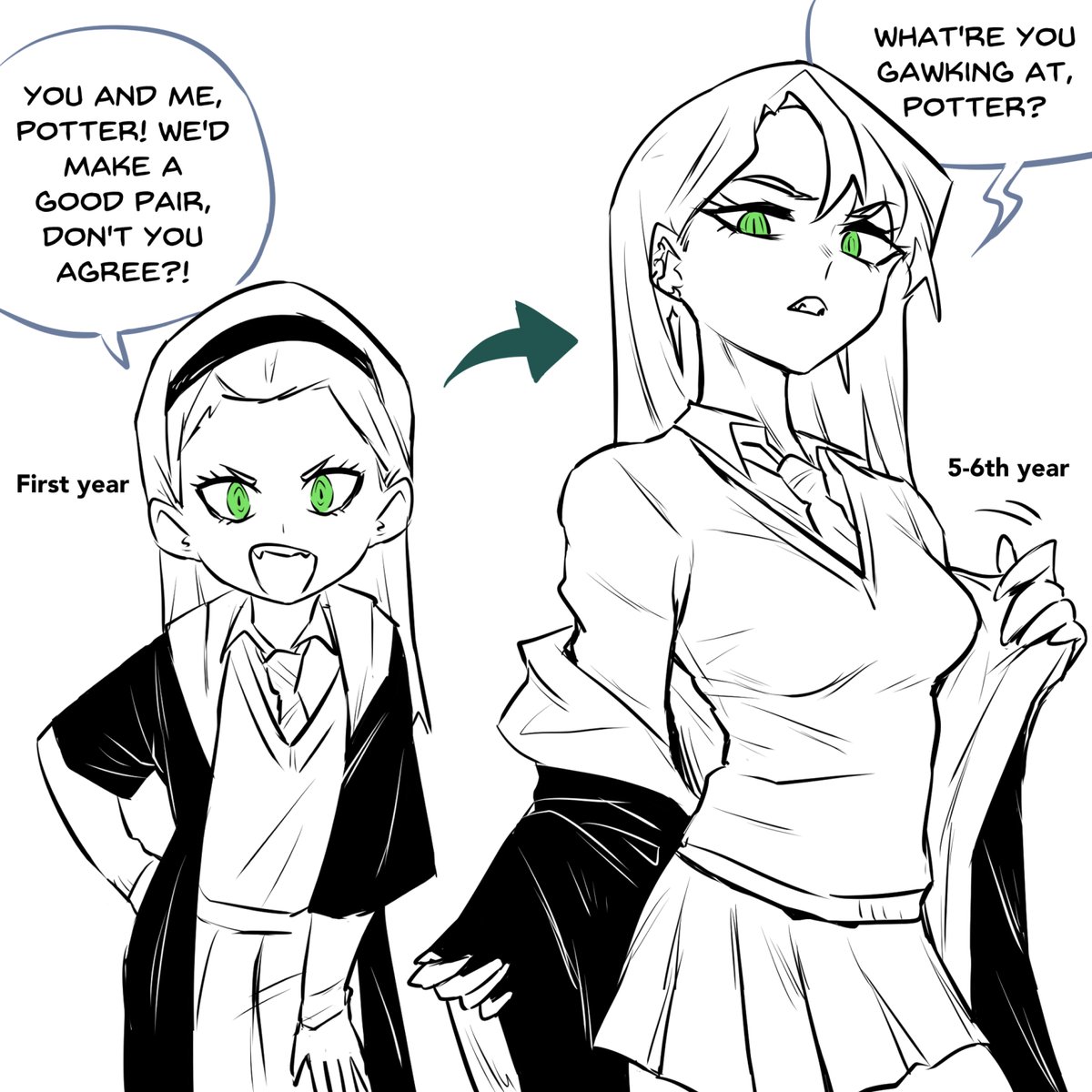 sytokun's tweet photo. Picture an eager rival you've known since childhood, she wanted to be your pal but you shot her down for good reasons, so you watch her slowly become a cold bad bitch that hates your guts, yeah rowling had her shot this is MY oc now https://t.co/uhWKk4dQrn