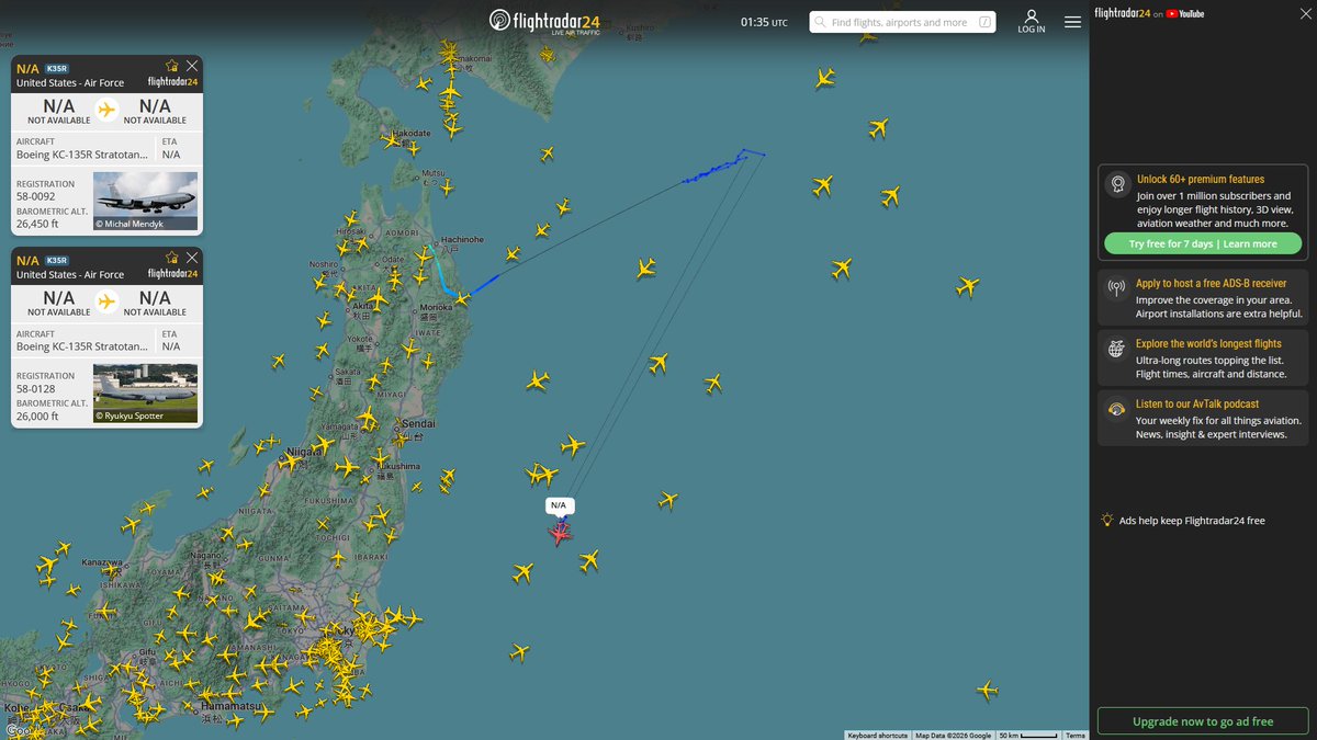 AIYeyENGDdJkjTr's tweet photo. Sept. 29, 2026
#Fairchild Air Force Base #Eielson Air Force Base #Misawa Air Base ==> #Okinawa Kadena Air Base
#NoCALLSIGN #AE025D USAF KC-135R Stratotanker
#NoCALLSIGN #AE0594 USAF KC-135R Stratotanker https://t.co/jKJmxQ6H7I