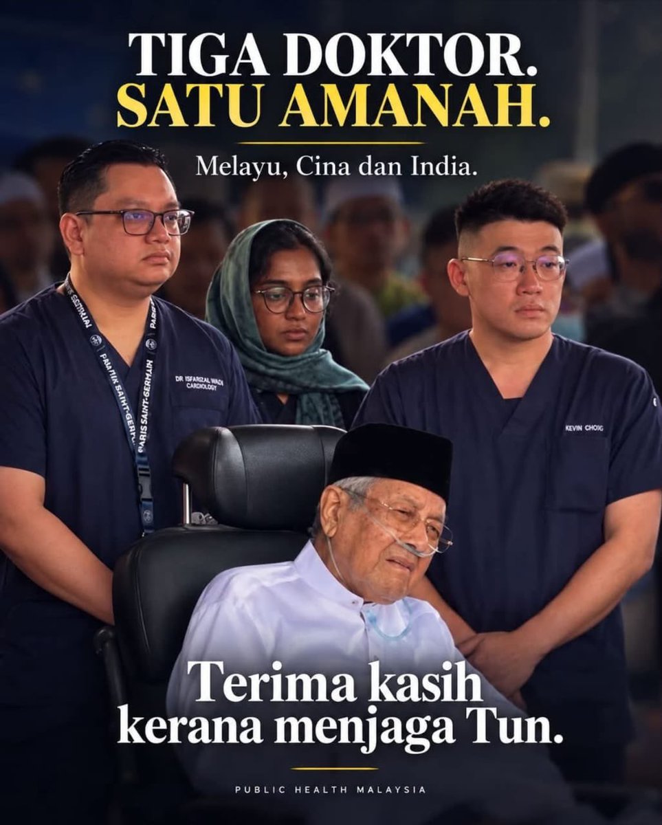 DGHisham's tweet photo. As Malaysians worry and pray for Tun Mahathir’s health, three dedicated healthcare workers from IJN, one Malay, one Chinese and one Indian stand by his side.

They are a powerful reflection of Malaysia’s diversity, united in caring for him. Thank you to our frontline workers. https://t.co/fsuOYkiVY3