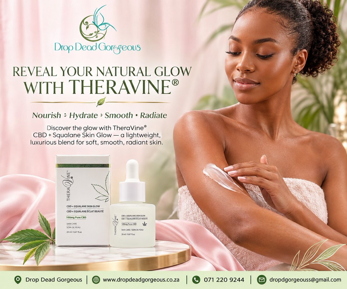 LizethPelcher's tweet photo. Reveal your natural glow with TheraVine® CBD + Squalane Skin Glow. A lightweight blend that hydrates, nourishes, smooths, and conditions skin for a soft, supple, radiant-looking complexion. Make it part of your daily skincare ritual. Call 071 220 https://t.co/Wo790hHe9Q