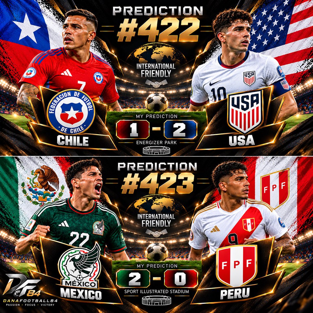danafootball84's tweet photo. 🎯 Predictions #422 &amp; #423 LOCKED! 🔒

🇨🇱 Chile 1–2 USA 🇺🇸
🇲🇽 Mexico 2–0 Peru 🇵🇪

Two calls. Two targets. 🔥
#FootballPredictions #DanaFootball84 https://t.co/UiLuCoJx47