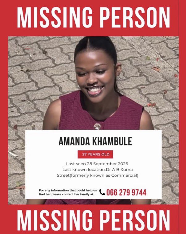 destiny_ndlovu's tweet photo. please help us find Amanda Khambule, she was last seen leaving work and sent a VN stating two man were following her and has been unreachable since, last known location DURBAN CBD commercial street. https://t.co/3G513y9BJr