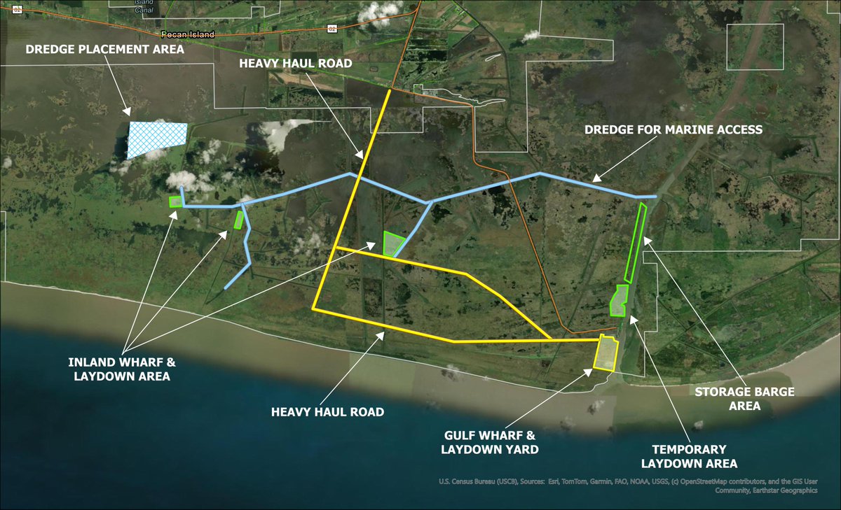 thelacoast's tweet photo. Amidst all the excitement of the starship launch, I almost missed that there was a MASSIVE infrastructure permit application filed today at the future Starbase in Pecan Island.     Here are the details....

Heavy Haul Road - About 15.5 miles through the property.  This is not Hwy 3147, but a new alignment through the marsh.  It's an earthen road and includes a 8,110 ft bridge so they don't fill Humble Canal.

Gulf Wharf / Laydown Yard south of the Freshwater Bayou Locks - 3,500 ft of frontage.  About 133 acres for equipment.

Temporary Laydown Yard north of the Freshwater Bayou Locks - About 90 acres.

Barge Staging Area along Freshwater Bayou between the temporary laydown yard and Humble Canal.

Three Inland Wharves / Laydown Areas - All on canals that connect to Humble Canal and Freshwater Bayou.  About 85 acres combined.

Inland Canal Dredging - About 5.2 million cubic yards.  Inland canals dredged to -16 feet.  Spoil pumped and placed in an open water area to the west.

Purpose of Project - Marine cargo that cannot use Port of Vermilion or legal loads on LA 82 and Hwy 3147.

Below is a basic map of what's included in this permit application.  This isn't rocket towers or launch pads (that permit filing will come later), but it is the start of access and construction.   Permits will likely take several months to process.  More to follow, it's getting late.