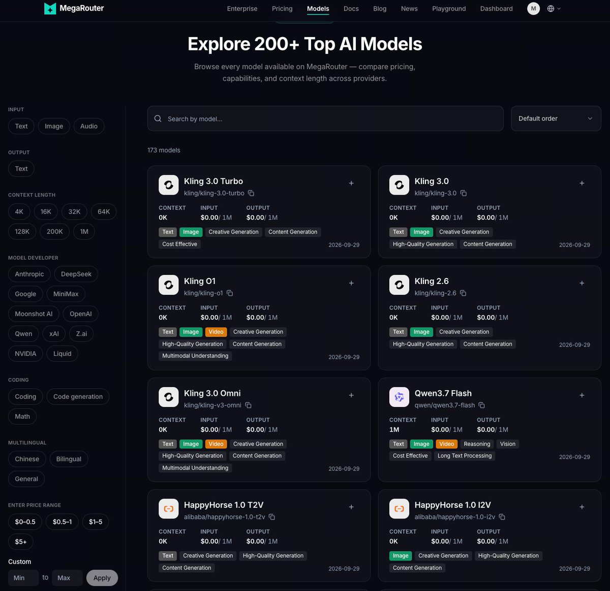 MegaRouterAI's tweet photo. One platform. 200+ top AI models. Zero hassle. 🚀

#MegaRouter puts every major model in one place — text, image, audio, video — so you can compare pricing, capabilities, and context length across providers at a glance.

#Anthropic, #OpenAI, #Google, #DeepSeek, #Qwen, #xAI, #NVIDIA and more, all under one roof. 🌐

Filter by input/output type, context length (up to 1M), price range, coding, math, multilingual — then just plug in and build. 🔌

Stop juggling APIs. Start shipping. ⚡