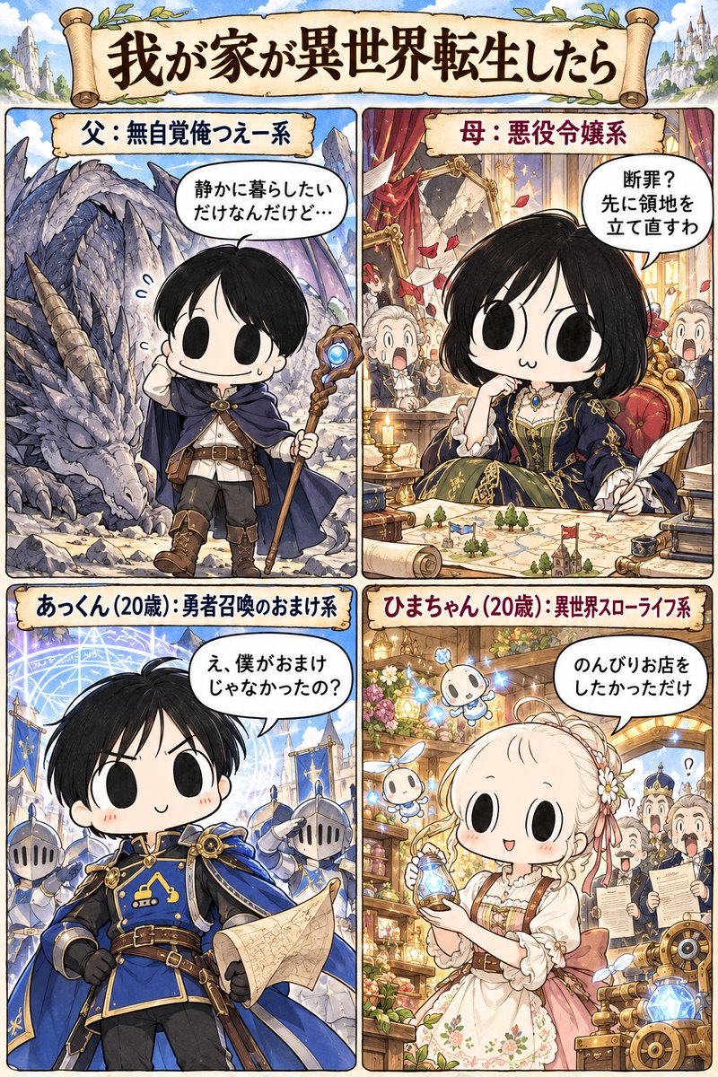 harutenchan's tweet photo. ホロスコープから分析する我が家が異世界転生したら、作ったー✨

プロンプトはリプ欄ですー https://t.co/x9M0hLttQ0