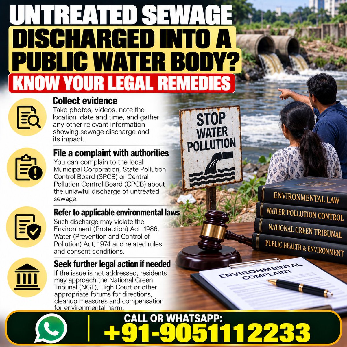 drakmphd's tweet photo. What can residents do when untreated sewage is discharged into a public water body? 
Call or WhatsApp: +91-9051112233 
#EnvironmentalLaw #WaterPollution #EnvironmentalRights https://t.co/Jcc8ly7n4I