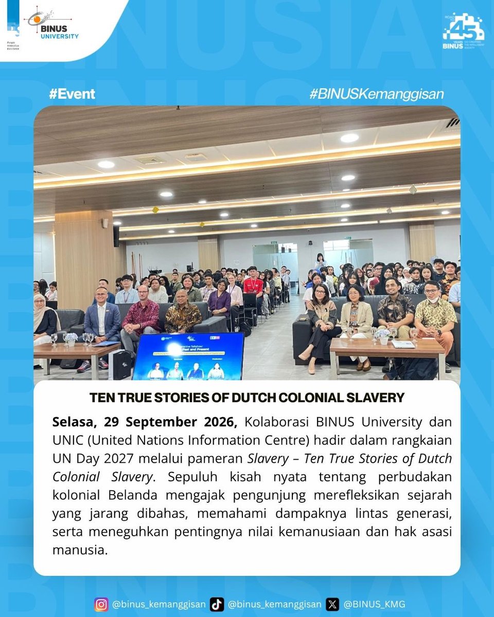 BINUS_KMG's tweet photo. Lewat kisah-kisah nyata, kita diajak memahami sejarah, melihat dampaknya hingga kini, dan kembali mengingat pentingnya kemanusiaan serta hak asasi manusia.
#BINUSUniversity #BINUSKemanggisan #UNDay2027 https://t.co/WEfHH43zgX