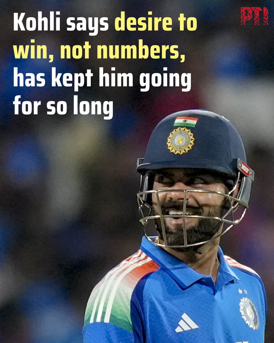 PTI_News's tweet photo. STORY | Kohli says desire to win, not numbers, has kept him going for so long

Virat Kohli says his enduring success in one-day cricket has been driven by his desire to help India win rather than chase personal milestones, after completing 15,000 ODI runs.

Kohli became only the second batter in history, after the legendary Sachin Tendulkar, to complete 15,000 runs in ODI cricket. He hit a record-extending 55th ton in the format to help India win the series opener against the West Indies here on Sunday.

"Of course, I mean, if you look at it from a numbers perspective, it's a big number. But the goal is simple: to try and make the team win from difficult situations and different situations," Kohli told https://t.co/Wak4ULv5Go.

"That's what I've tried to do over the years."

The 37-year-old said longevity at the highest level is not possible if a player is driven primarily by statistics.

"You can only play for that long if you're looking to make the team win. You can't play for that long for numbers. Because if you need to get numbers, you will compromise on the main goal and you can't play for long in that manner.

"So, I'm lucky to have been in this position for so long, and of course, a big number like that to tick off along the way to another win is quite special."

READ: https://t.co/hppfvMc9NI