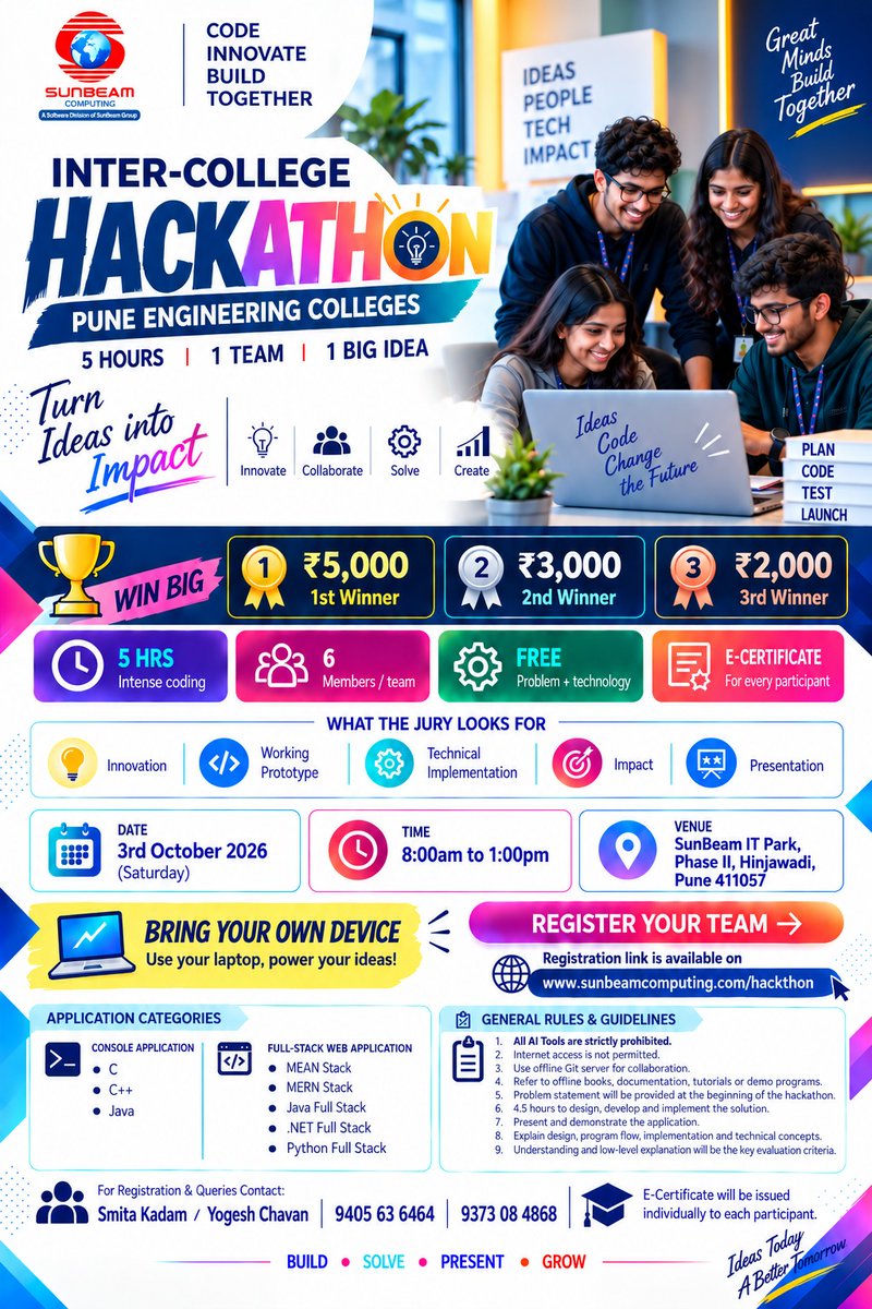 siitofficial's tweet photo. 💻 PUNE ENGINEERING STUDENTS, READY TO HACK? 🔥
🚀 FREE Inter-College Hackathon 2026
🏆 ₹5K | ₹3K | ₹2K Prizes
⏱️ 5 Hours | 👥 Team of 6
📅 3 Oct 2026 | Hinjawadi, Pune
👉 Register Your Team Now!
#Hackathon2026 #EngineeringStudents #PuneEngineeringColleges #SunBeam https://t.co/zC48znELGn