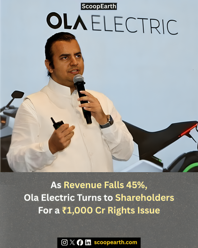 Scoopearth1's tweet photo. @Ola Electric, led by @Bhavish Aggarwal, has approved a rights issue to raise up to ₹1,000 crore. Investors will watch how the EV maker deploys the capital amid falling revenue and continued losses. #OlaElectric #RightsIssue #EVIndia #scoopearth https://t.co/ynzASTIUZE