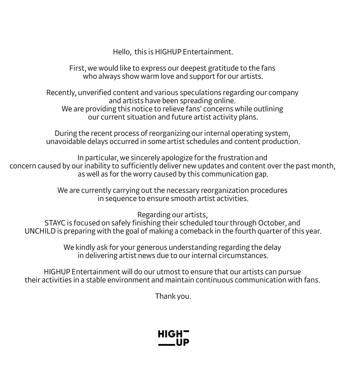 highup_ent's tweet photo. HIGHUP 2026 4분기 소속 아티스트 일정 및 콘텐츠 관련 안내 (2026 4Q Artist Schedule &amp; Content Notice) 

#STAYC #스테이씨
#UNCHILD #언차일드 https://t.co/Aq8f32vXR1