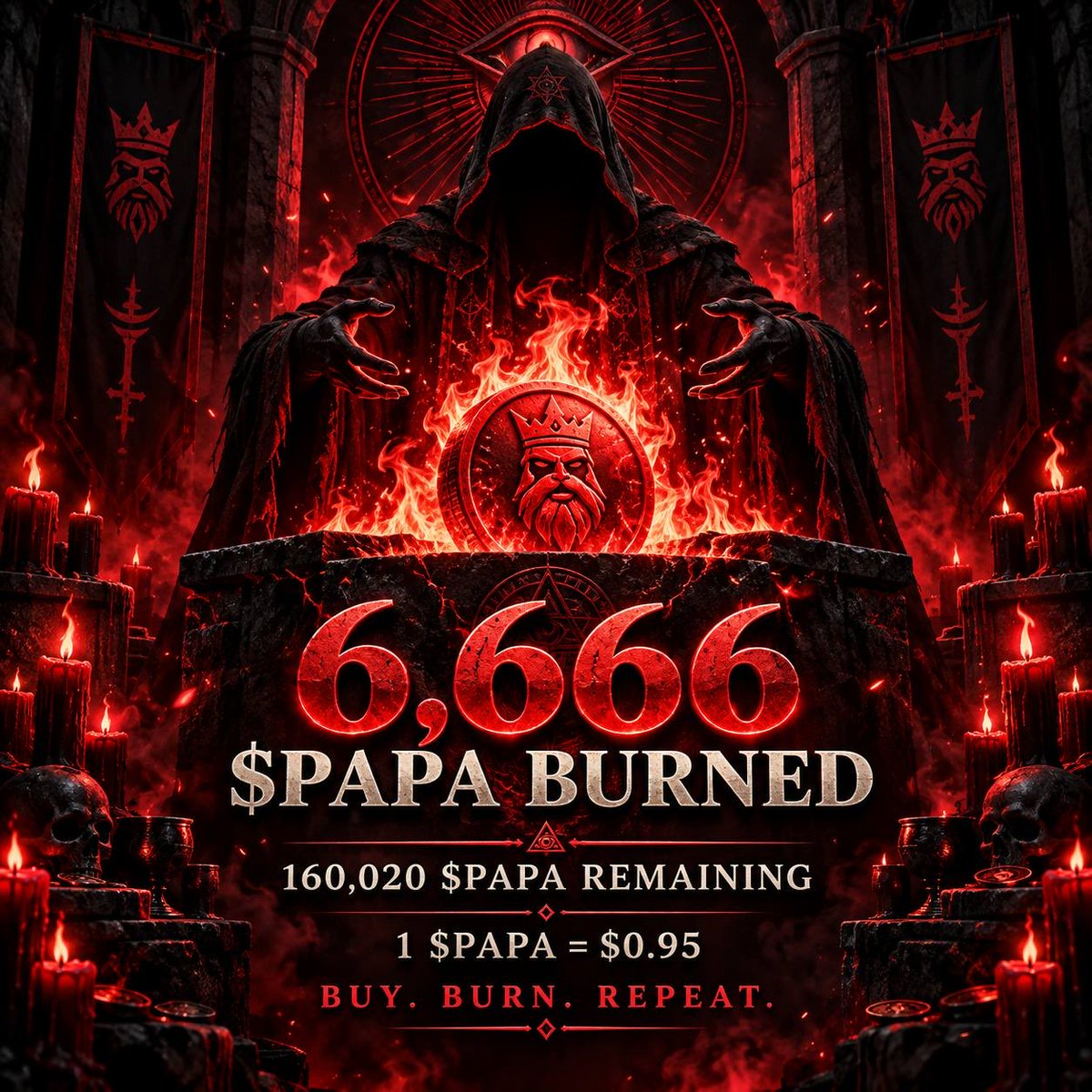 Papa666cult's tweet photo. 🔥 6,666 $PAPA BURNED.

The biggest flames are back. 🕯

Another 6,666 $PAPA have been bought back directly from the market and burned forever.

🔥 6,666 tokens — GONE.
📉 Supply — REDUCED.
🩸 $PAPA — SCARCER.

Every buyback removes more $PAPA from circulation.

Every burn continues the ritual.

🔥 Transaction burning 6.666 coins https://t.co/fyhamfbgxb

🔺 Total remaining in the market 160,020 $PAPA

BUY. BURN. REPEAT.

🕯 THE CULT NEVER STOPS.
👁 $PAPA IS WATCHING.

📈 1 $PAPA = 0.95$

📈 Buy the token $PAPA - https://t.co/hSazYFWqDL

https://t.co/6PKZcWhGgF