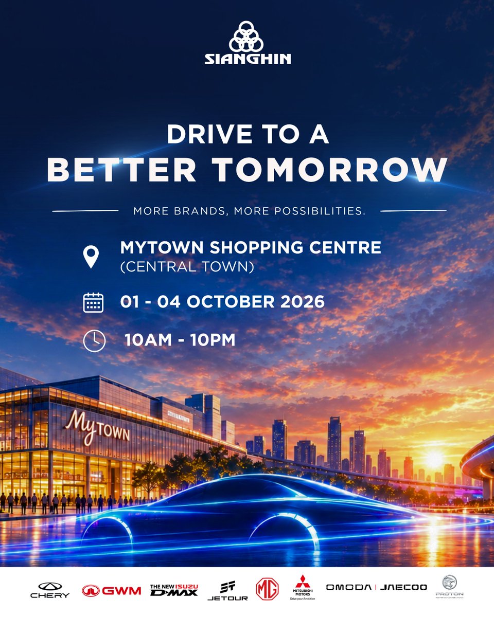 sianghin's tweet photo. October starts with eight reasons to stop at #MyTOWN. From 1 - 4 Oct, explore #Chery, #GWM, #IsuzuDMax, #Jetour, #MGMotor, #MitsubishiMotors, #OmodaJaecoo & #Proton, with current promotions plus family activities & ice cream this weekend.
*T&Cs apply
#Sianghin #Roadshow https://t.co/MmZ31xcFpn