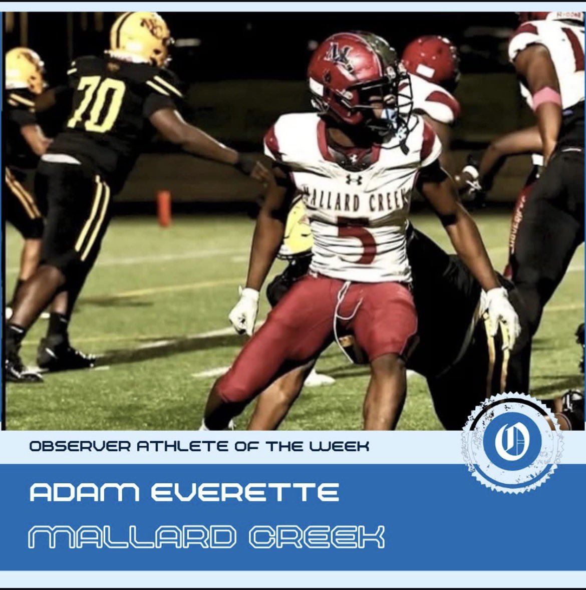 AdamnEverette's tweet photo. Blessed to be named the Charlotte Observer Defensive Player of the Week. 🙏🏾
Thank you to everyone who supported and voted for me. All glory to God.
15 tackles, 1 INT &amp; 1 forced fumble vs. McCallie.
Back to work. 🦅
#AGTG #RecruitMe #2027Football #DB #DefensiveBack #MallardCreek https://t.co/ywGuM3fjsz