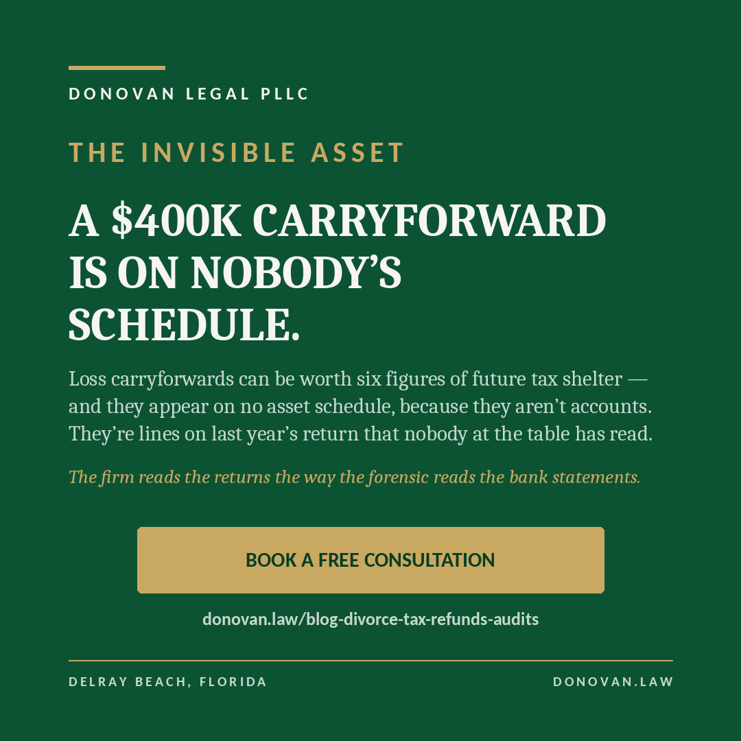 DonovanLegal's tweet photo. Loss carryforwards can be worth six figures of future tax
shelter — and they appear on no asset schedule, because they aren't
accounts. They're lines on last year's return that nobody at the table
has read. We read the returns the way the forensic reads the bank statements. 
Link: https://t.co/RQrD82w8Pc
A $400K carryforward is on nobody's schedule — the
invisible assets in the tax file. https://t.co/z3GpFlWCL8
#divorce #assetdivision #TaxPlanning