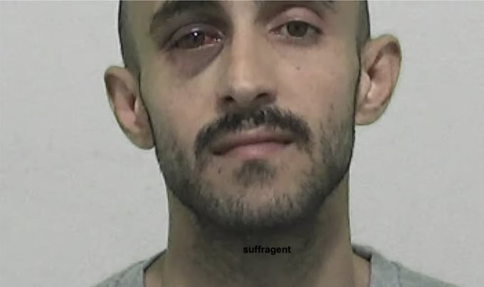 A mugshot-style photo of a man with a beard and a bruised right eye, with the watermark "suffragent" across the neck. The image illustrates the accompanying post, which identifies him as Peyman Afrasiyabipour, an Iranian migrant shown receiving a suspended sentence for mugging a 69-year-old church minister in Tyneside rather than facing jail or deportation.