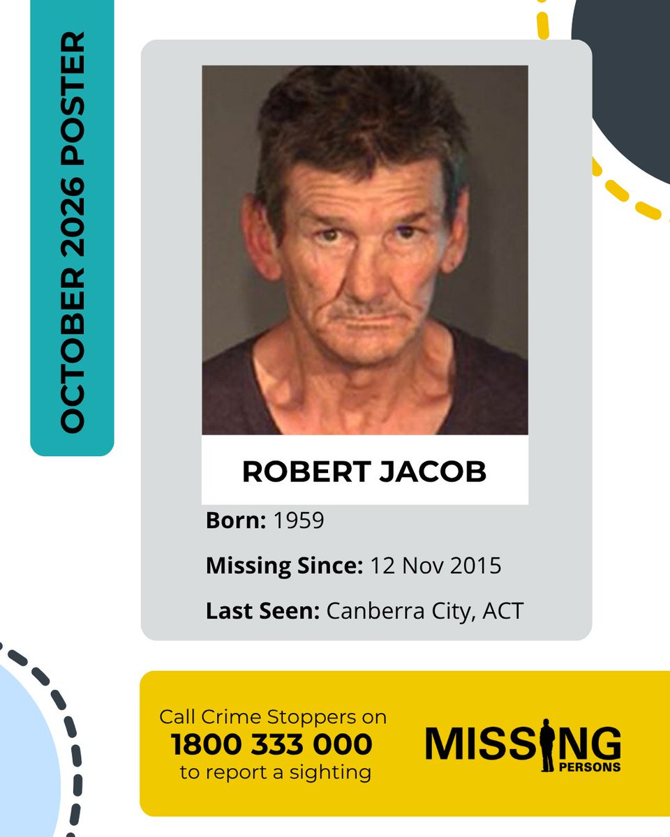AFPNMPCC's tweet photo. Robert Jacob was last seen on 12 November 2015 in the Canberra City area, ACT. His daughter reported him missing on 3 December 2015 after not hearing from him over the preceding weeks. If you have any information that may assist police to locate Robert, please call Crime Stoppers https://t.co/gnmbwaOAtZ