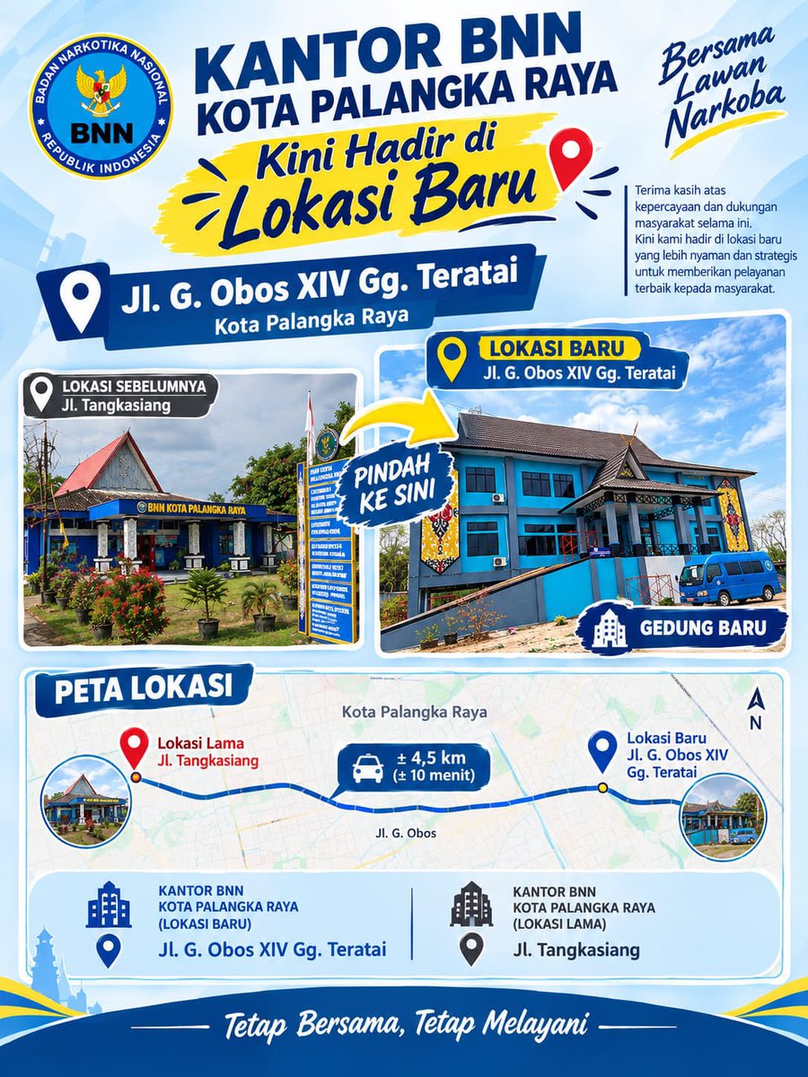 InfobnnkPky's tweet photo. Kantor BNN Kota Palangka Raya kini berpindah tempat di Jl. George Obos XIV Gg. Teratai, Kota Palangka Raya. 

Kantor Lama kami di Jl. Tangkasiang No.14 Kota Palangka Raya sudah tidak beroperasi lagi ���🏻 https://t.co/pu5CTxIX39