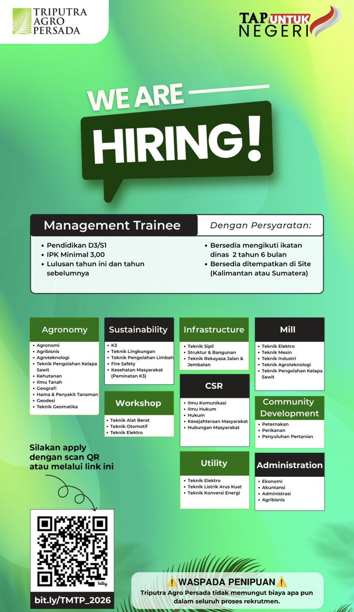 genzcorporation's tweet photo. LOKER MT TRIPUTRA AGRO PERSADA

Buka buat banyak jurusan nih

Note ya, harus bersedia ditempatkan di luar daerah (Kalimantan/Sulawesi)

Jangan ntar pas udah keterima malah protes kek di program sebelah, ups https://t.co/ShOv7Yoa3k