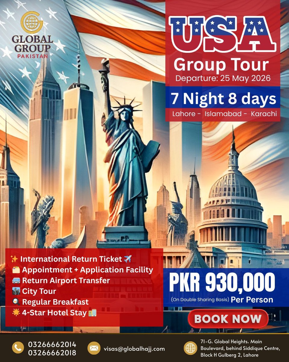 HvanYen1's tweet photo. 🇺🇸 USA Group Tour – Explore America Together! ✈️

Get ready for an unforgettable 7 Nights / 8 Days USA Group Tour with Global Group Pakistan 🇵🇰✨
Experience iconic landmarks, vibrant cities, and world-class attractions — all in one perfectly https://t.co/cLhUHtw7PQ