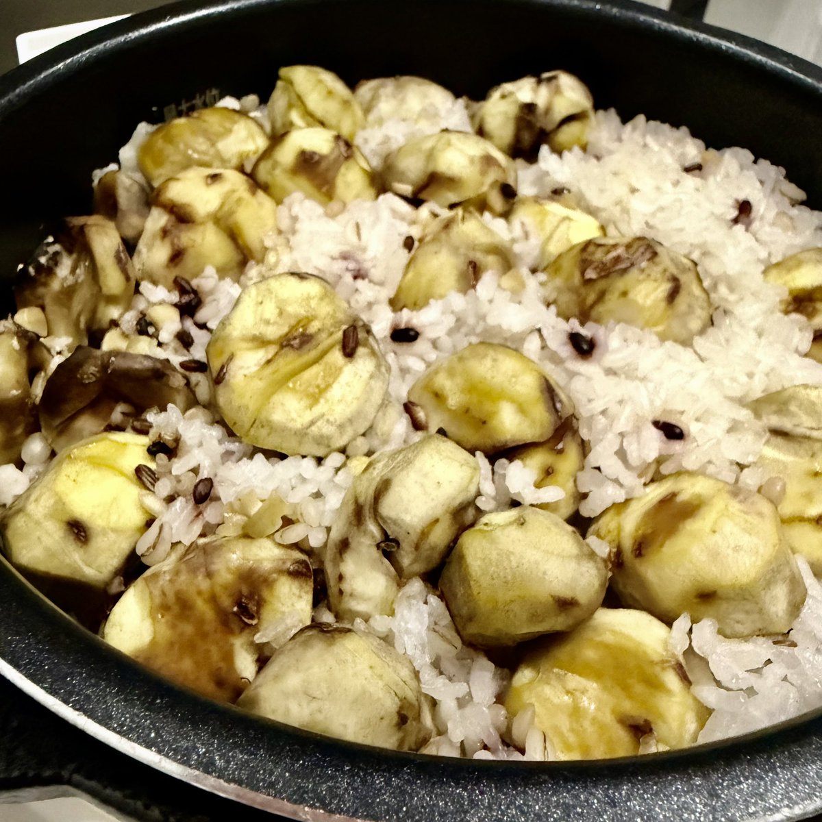 HimeElle's tweet photo. おはようございます☀️
今朝は栗ご飯🌰

栗をたっぷり入れて炊きました。
湯葉のお味噌汁と茄子も一緒に。

朝からちょっと秋です🍁
いただきます😊

#女医ドル　#溝呂木乃梨 https://t.co/z9bi5VQZP8