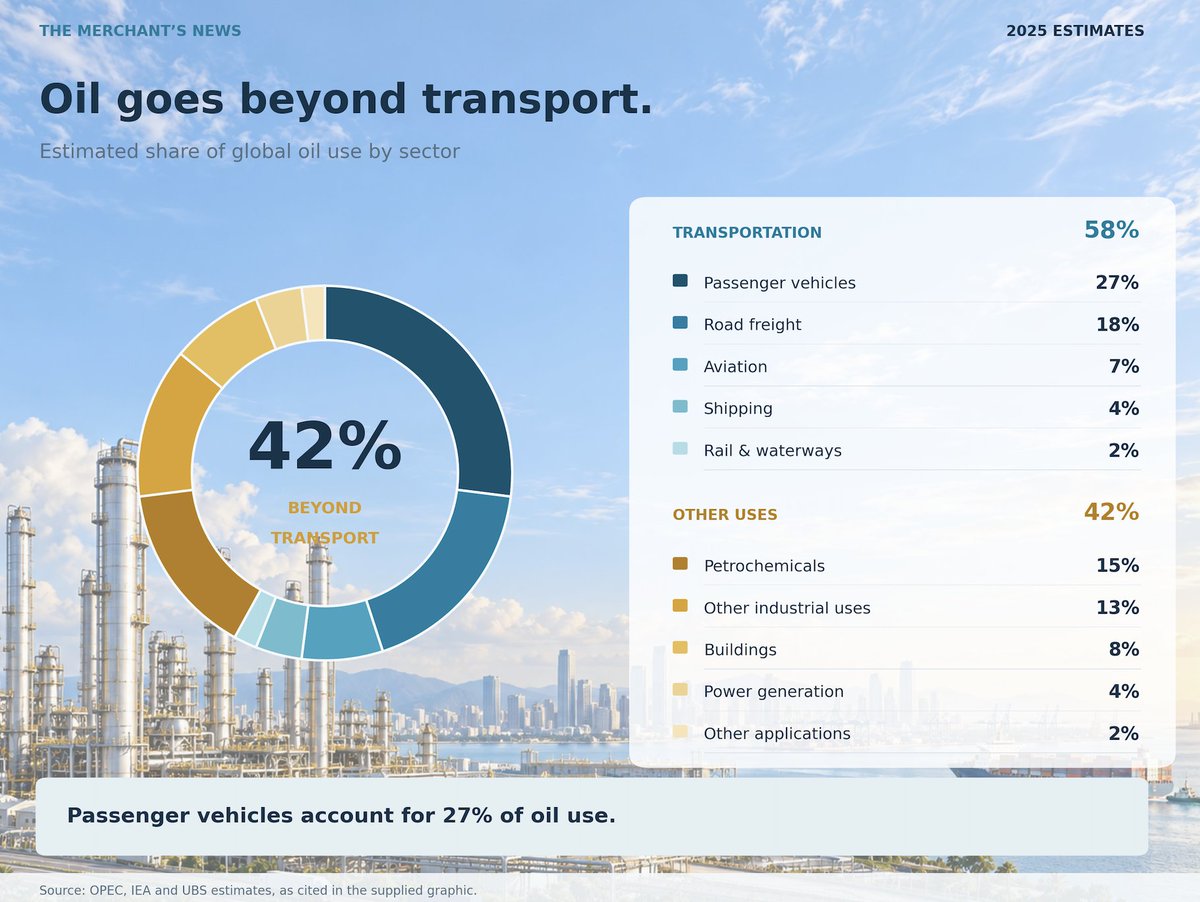 jackprandelli's tweet photo. 🚗⛽️ Cars burn only about 1/4 of the world's oil.

Passenger vehicles take 27%.

Road freight 18%, aviation 7%, shipping 4%, rail and waterways 2%. 

Transport overall is 58%.

The other 42% never touches a road.

Petrochemicals 15%. 
Other industry 13%. 
Buildings 8%. 
Power 4%.

That's the limit of the EV story....for now
Switch every car on earth to electric and about 73% of oil use is still there.

Trucks, ships and trains run mostly on diesel-type fuels, the product squeezed hardest right now.

Plastics and chemicals keep growing whatever happens to cars.

https://t.co/FUicYhfF8q

Source: OPEC, IEA, UBS estimates