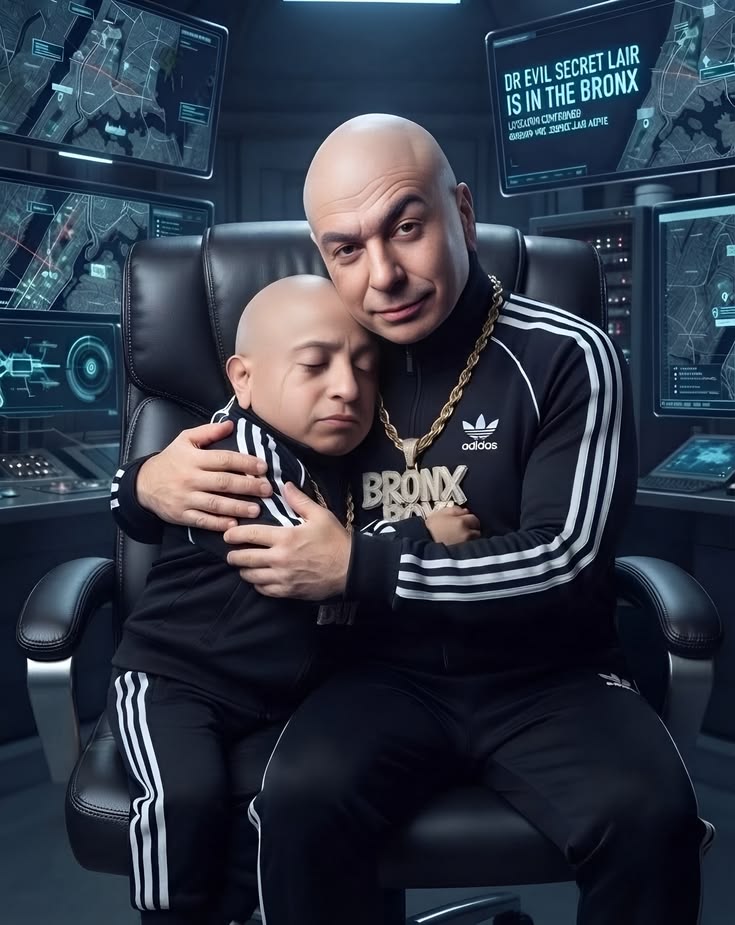 MSerguy61833's tweet photo. Le montage reprend la pose iconique de Dr. Evil et de son clone miniature Mini-Moi interprétés à l'origine par Mike Myers et Verne Troyer. Avec #MikeMyers https://t.co/6kvn5nOxaP