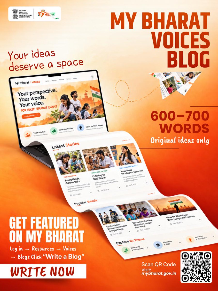 MYBharatHQ's tweet photo. Your words can spark ideas and inspire change. ✍️

Share your perspective through MY Bharat Voices and get a chance to be featured on MY Bharat.

👉 Write a 600–700-word blog

Log in → Resources → Voices → Blogs → “Write a Blog”

https://t.co/BEd6Q27Dvz

#MYBharat https://t.co/wEp5QmxSSo