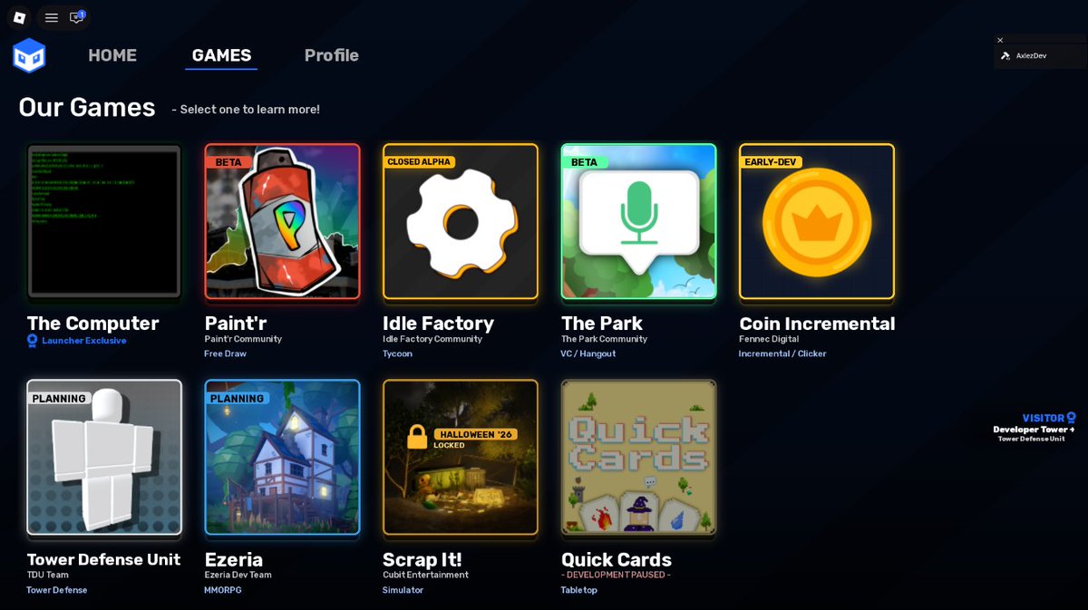 AxlezDev's tweet photo. Got bored and figured it would be fun to create a launcher / hub of all my studios' projects!

#Roblox #RobloxDev https://t.co/zVOnJIwTtq