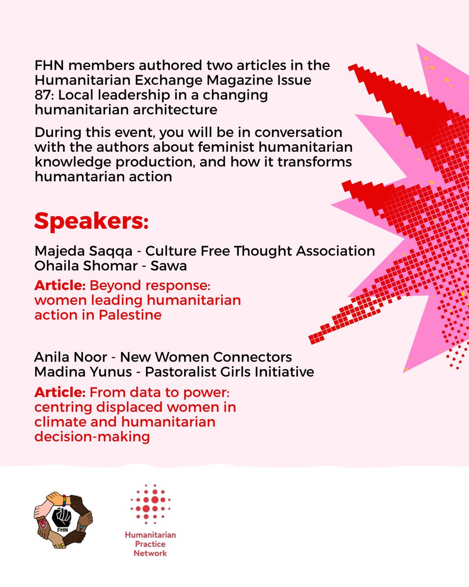 FeministHumNet's tweet photo. Join us for a conversation with the women leaders who are strategizing, producing knowledge, and shaping humanitarian action. 

13 October 2026
🌐 Online | French, Spanish, Arabic &amp; Swahili translations available
🔗 Register: https://t.co/EQFxImSmnU

#feministevent #feminist https://t.co/yd0LjhQbzQ