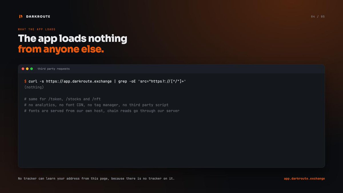 darkrouteRH's tweet photo. The DarkRoute app loads nothing from anyone else.

No analytics. No tag manager. No font CDN. No third party script of any kind. We checked the homepage, /token, /stocks and /nft, and none of them pull a single resource from another host. Fonts are served from our own, and chain reads go through our server rather than from your browser to someone's RPC.

A privacy tool with a tracker on the page is not one. There is no tracker to learn your address from, because there is no tracker.

https://t.co/ji1566DyuV