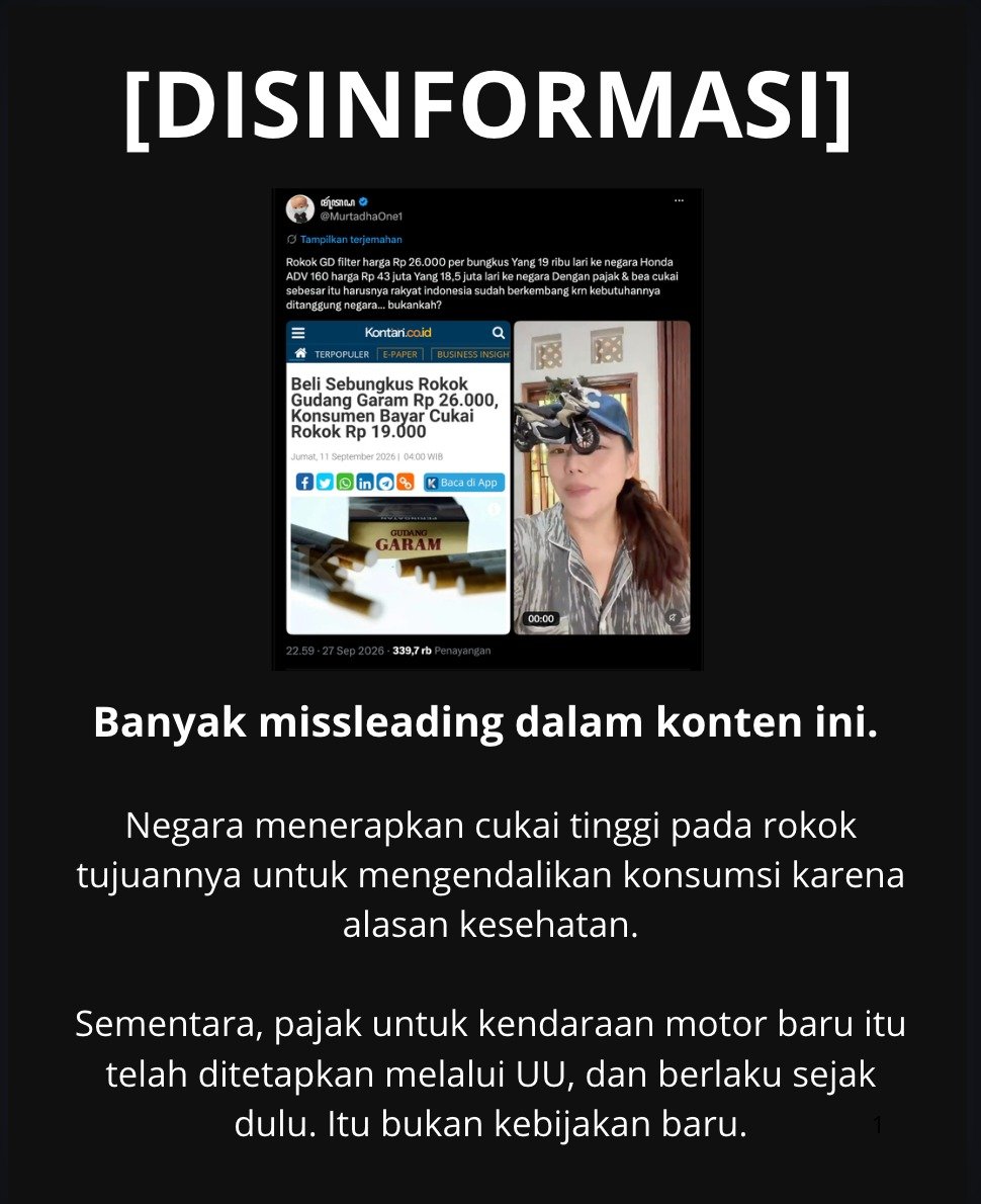 articlte's tweet photo. Waspada disinformasi di media sosial! Cukai tinggi pada rokok diterapkan bukan tanpa alasan, melainkan demi mengendalikan konsumsi serta melindungi kesehatan masyarakat. #PajakUntukRakyat https://t.co/cg6CNJYF0P