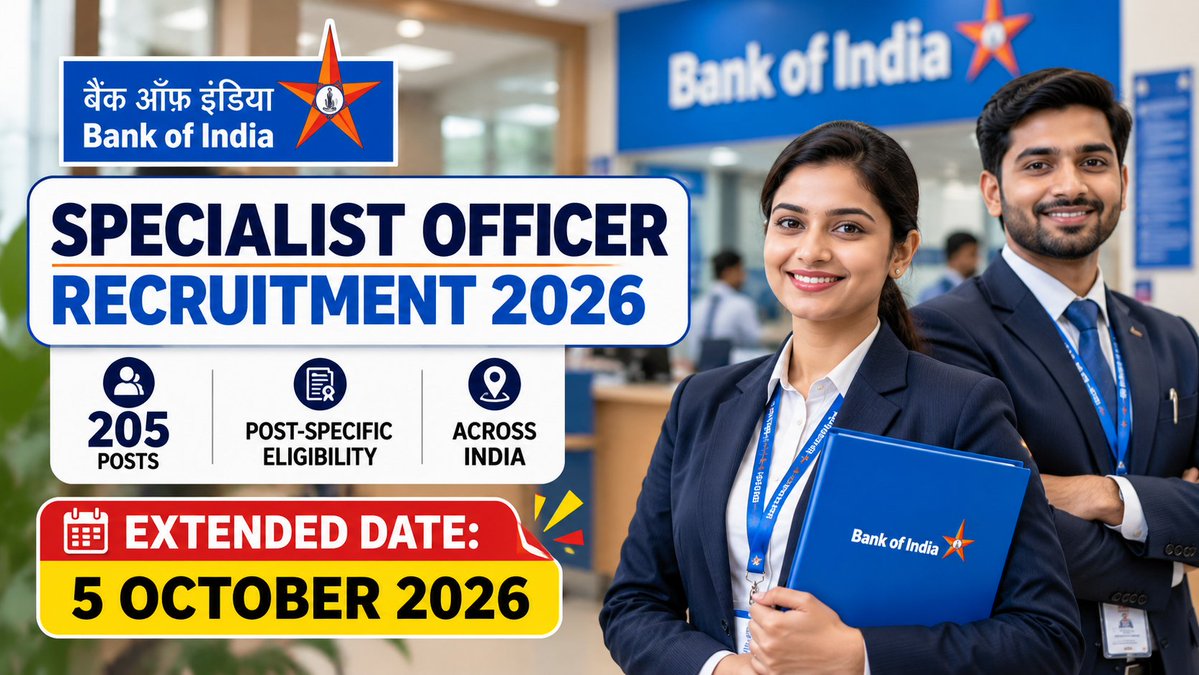 govtjobdeck's tweet photo. 🚨 Bank of India Specialist Officer Recruitment 2026

💼 205 Posts
📅 Extended Last Date: 5 Oct 2026
🎓 Post-specific Eligibility
💰 Basic Pay: ₹48,480–₹1,20,940
📝 Online Application
👉 Details :
 https://t.co/MI1UUy4D2e
#BankOfIndia #BOIRecruitment #BankJobs #BankJobs2026 https://t.co/SSGixKTaUA