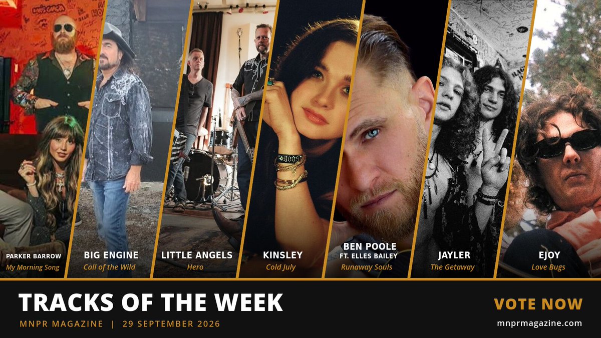 mnprmagazine's tweet photo. Tracks of the Week is back, and last week's winner is Stephen Wilson Jr. with Cørnerman, which took 103 of the 117 votes cast.
This week's nominees are Parker Barrow with My Morning Song, Big Engine with Call of the Wild, Little Angels with Hero, Kinsley with Cold July, Ben Poole featuring Elles Bailey with Runaway Souls, Jayler with The Getaway and EJOY with Love Bugs.
Have a listen and vote for your favourite on MNPR Magazine here - https://t.co/ZtzT93gMkp
This weeks Tracks of the Week is presented by MNPR Tickets
#mnprmagazine #tracksoftheweek