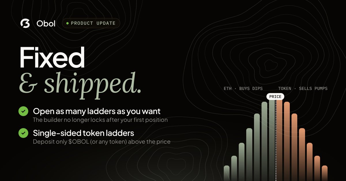 obolfi's tweet photo. Fixed & shipped 🛠️

→ Open as many ladders as you want: the builder no longer locks after your first position

→ Single-sided token ladders: deposit only $OBOL (or any token) above the price, ETH only below, or both

Thanks to our testers for the reports 🙏

https://t.co/t0BRgSde7A